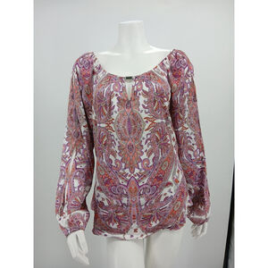 White House Black Market Womens Paisley Blouse Size L Multicolor Boho Keyhole